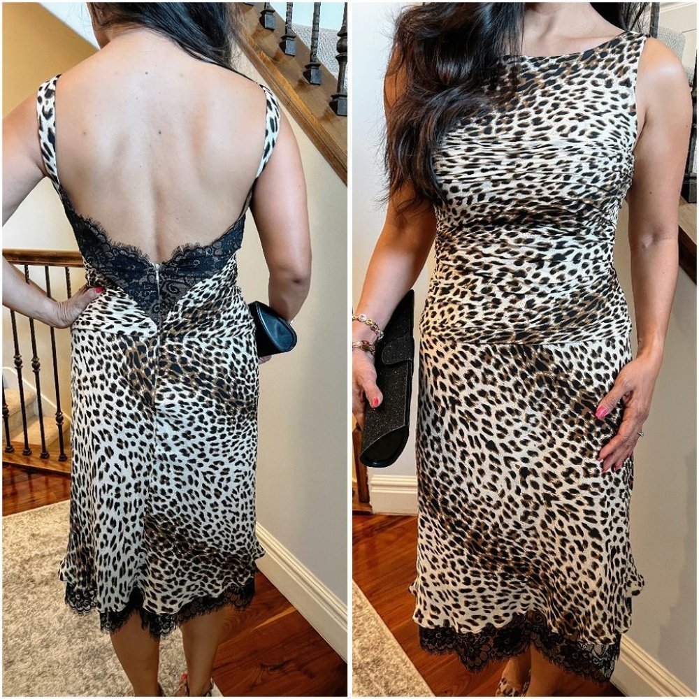 Tadashi Shoji Leopard Backless Lace Midi Dress $299